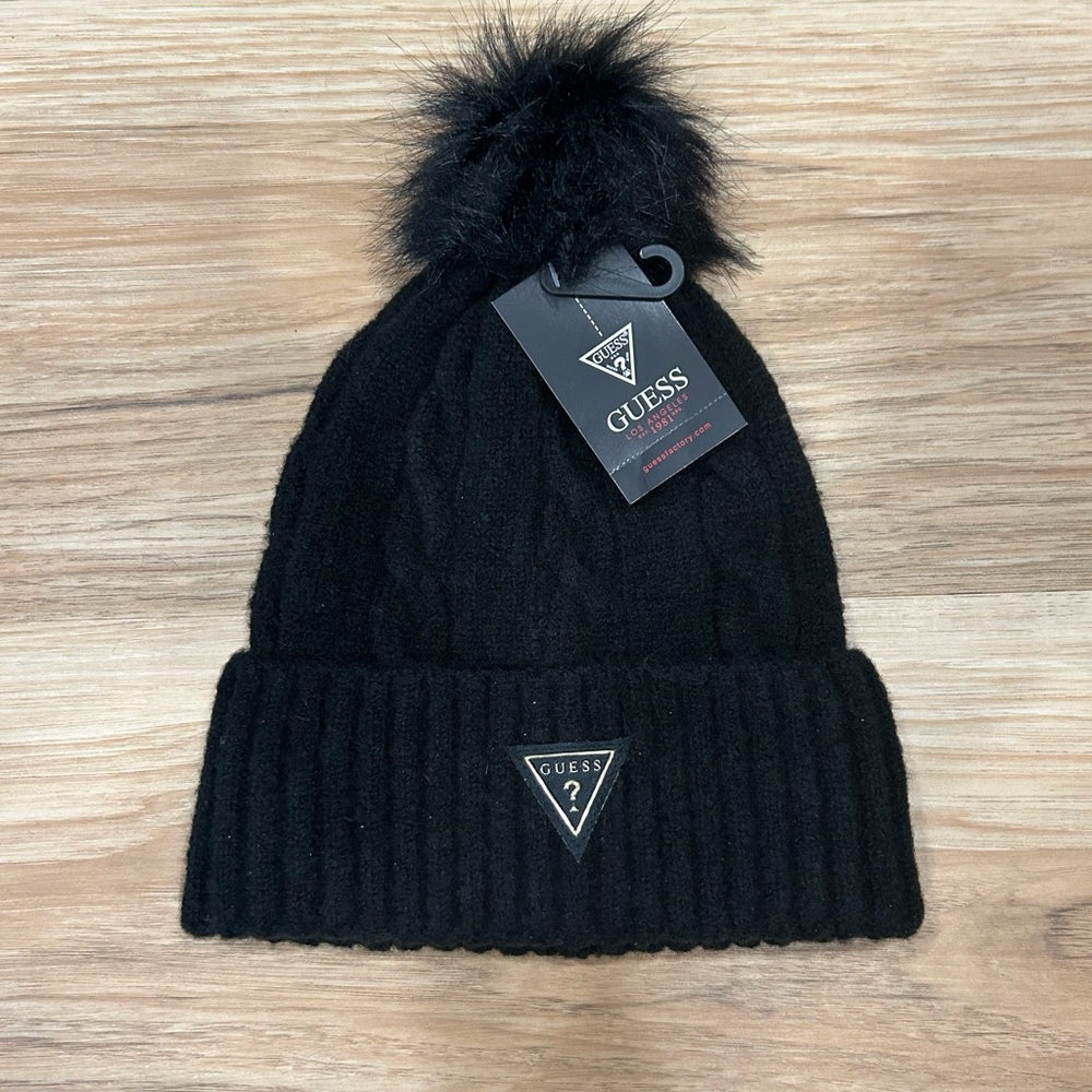 GUESS Black Cable Knit Beanie with Pom